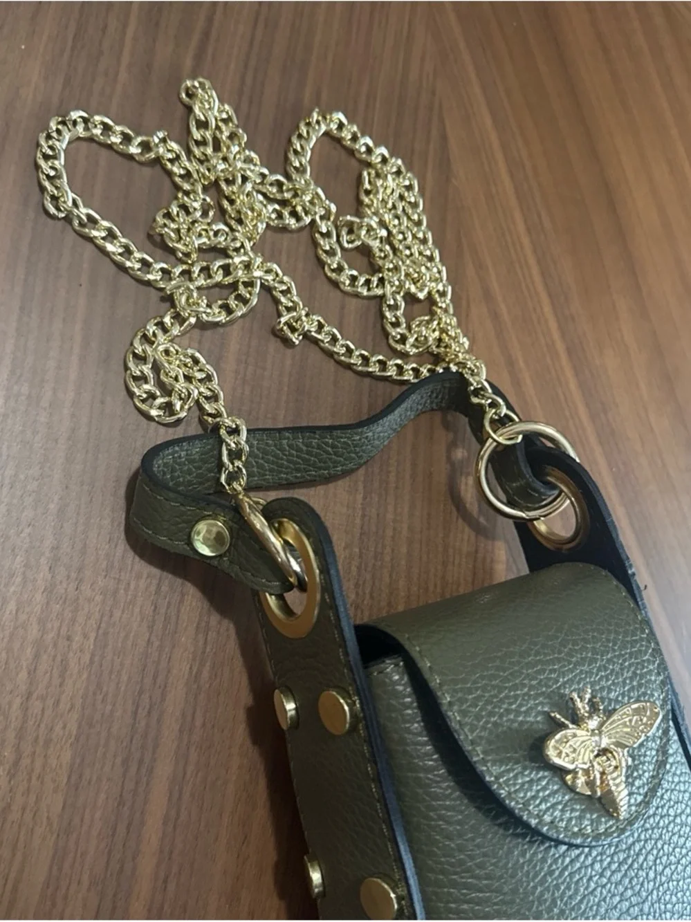 Olive Green Bee-Embellished Leather Crossbody Phone Bag